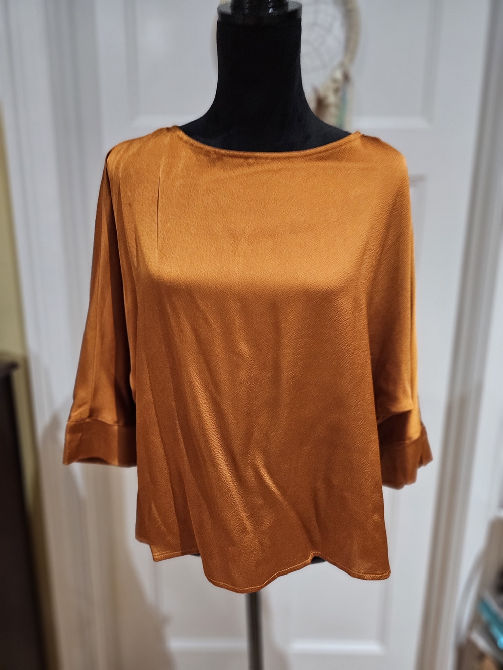 She + Sky Satin Boatneck Blouse in Burnt Orange